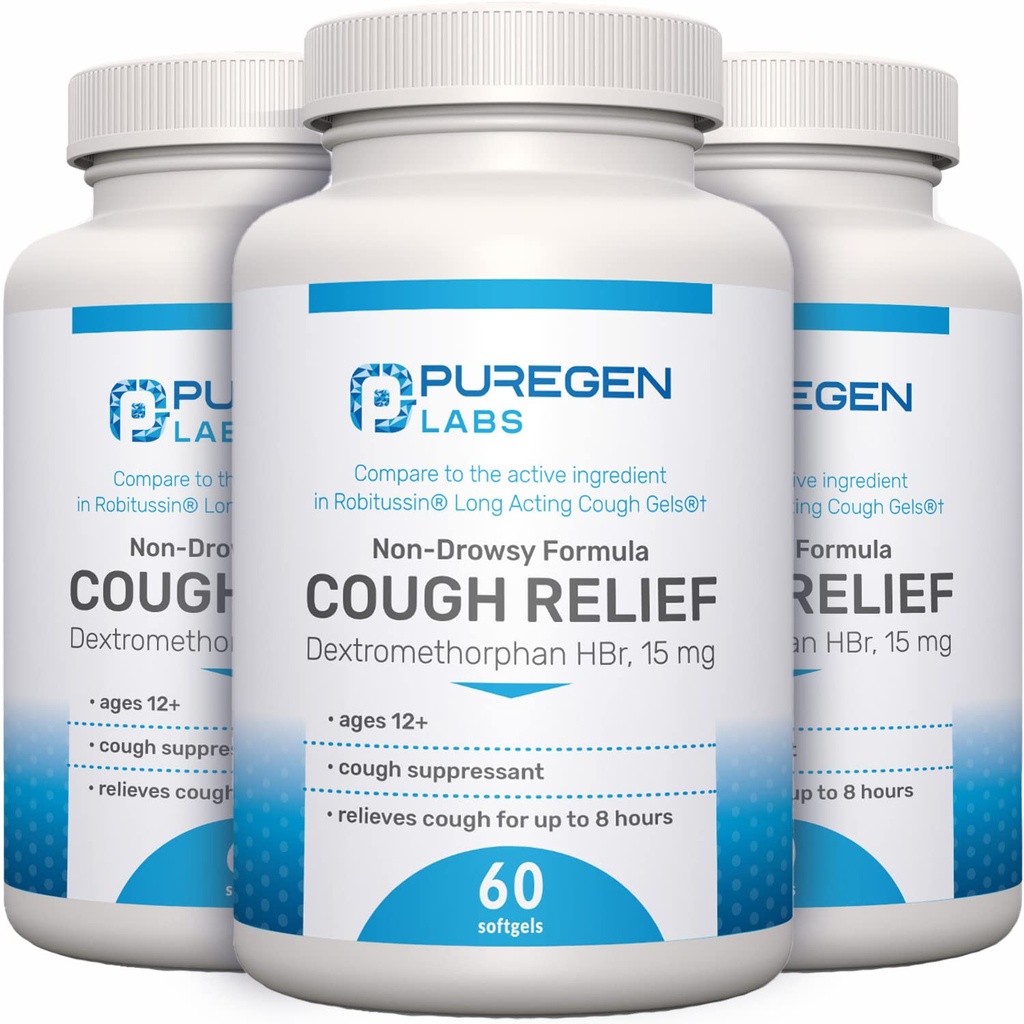 P Puregen Laboratuvarları Yetişkinler Dextromethorphan HBr 15mg | 8 Saat, Non-Drowsy, Long-Lasting Bronchial Suppressant | 12+ | Robafen ve Robitussin - 3 Pack | Toplam 180 Softgels