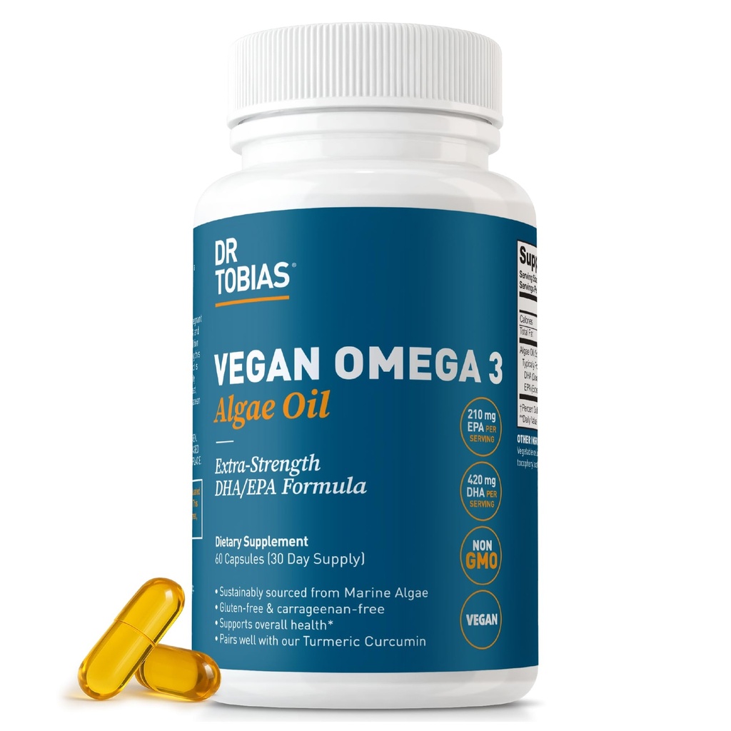 Dr. Tobias Vegan Omega 3 Supplement, 1400mg Algae Oil, 420mg DHA, and 210mg EPA per Serving, Non-GMO, Gluten-Free, Carrageenan-Free, 60 Capsules, 30 Servings