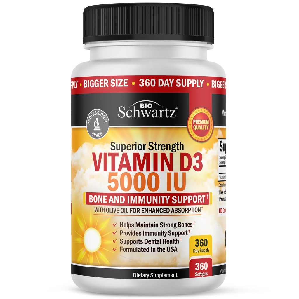 D3 5000 IU (125 mcg) Doğal Immune Support Supplement, Bone Strength, Sağlıklı Kas Fonksiyonları, En yüksek Apsiyon için Zeytinyağı, Gluten Free & Non-GMO, 1 Yıl Supply, 360 Softgels
