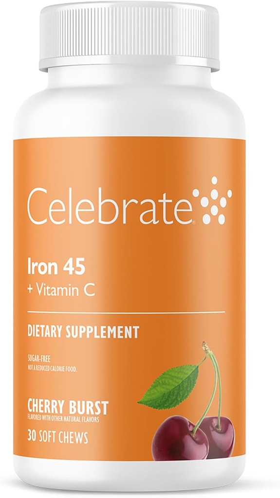 C ile Vitamin Demir Supplement - 45 mg Demir, 60 mg Vitamin C, Bariatrik Vitaminleri WLS Hastaları, Dikey Kol ve Gastrik Bypass Cerrahisi - Cherry, 30 Soft Chews
