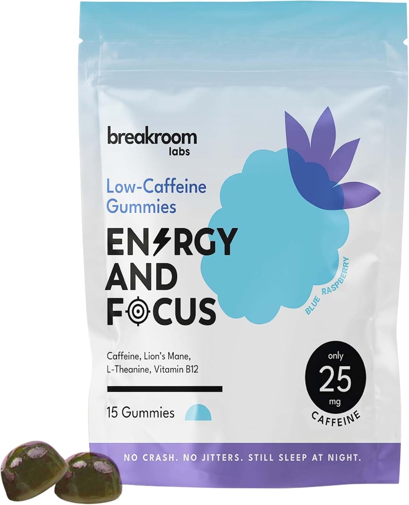 Breakroom Labs Enerji ve Focus Gummies - Low Caffeine 25 mg w/L-Theanine, Lions Mane, Vitamin B12 - Yetişkinler için Hiçbirotropik Beyin Tamamı, Çocuklar - Vegan, Low Sugar, Blue Raspberry Flavor, 15 Hizmetler