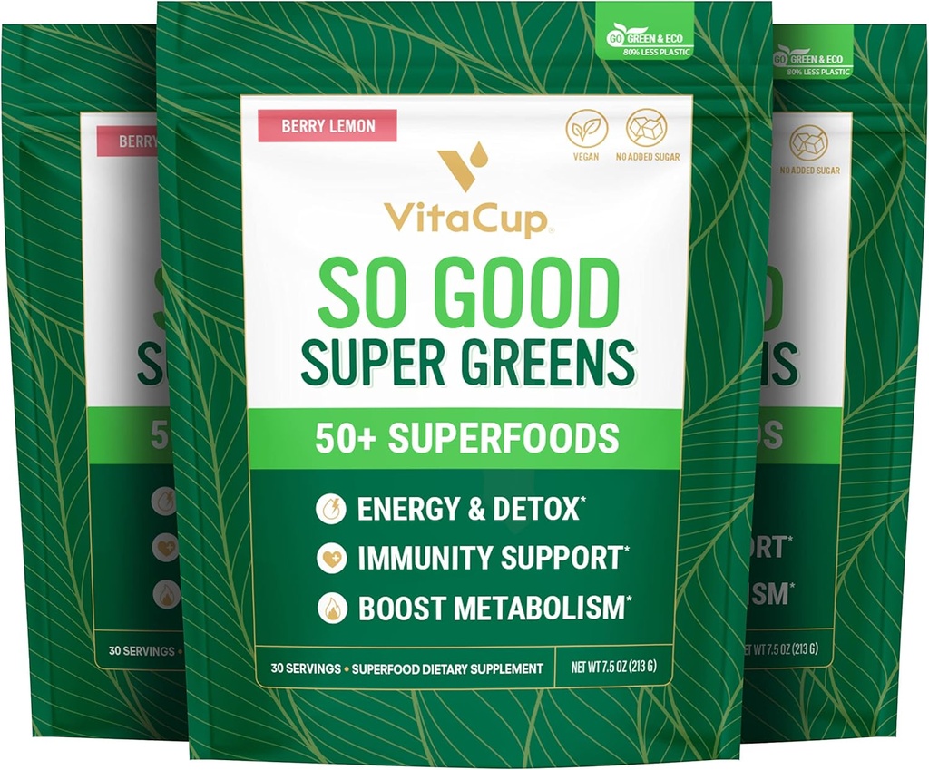 VitaCup Super Greens Toz Smoothie & Juice Mix w/ 50+ Premium Superfoods, Digestive Health, Bloating Relief, Detox, Gut Health w/Probiyotiks, Antioksis, Berry Lemon, 30 Her Şey, 3 Çanta