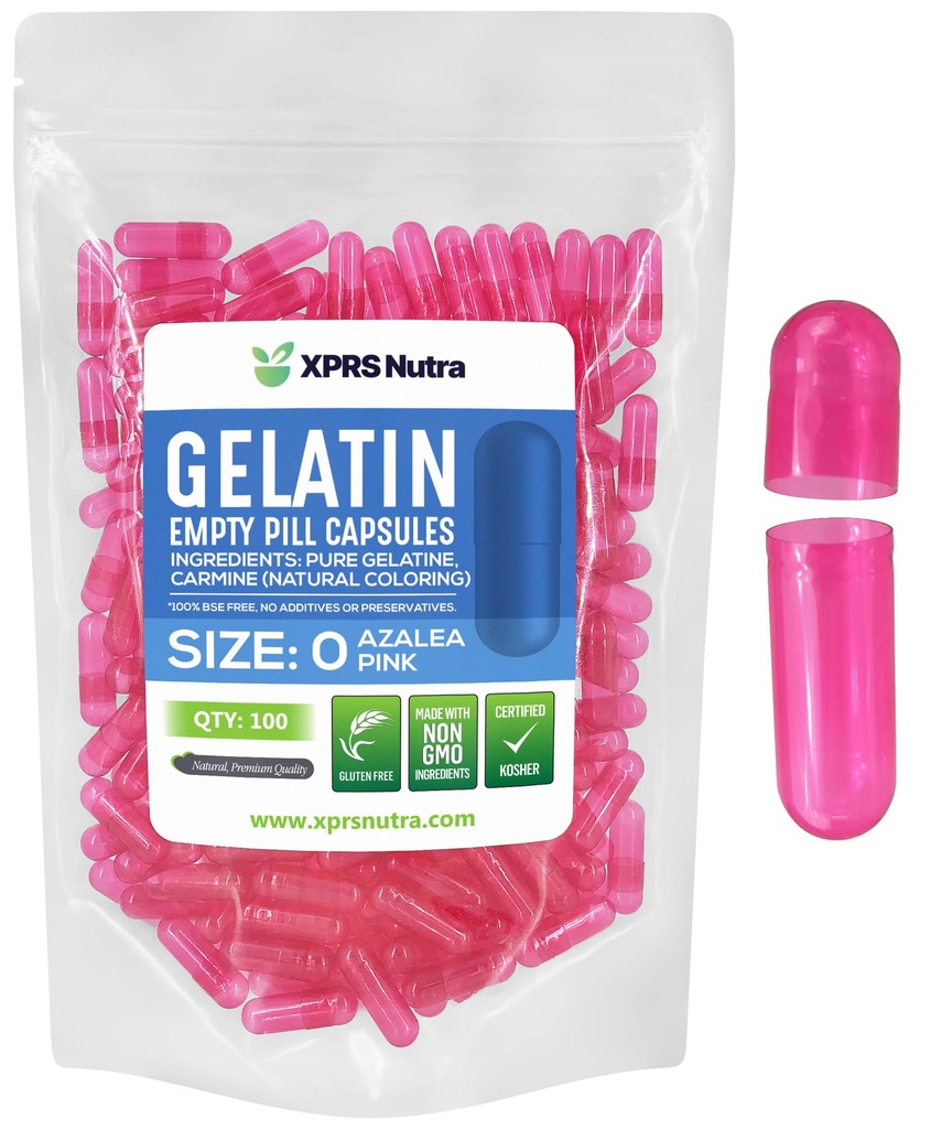 XPRS Nutra Boyutu 0 Boş Kapsüller - 100 Kont Boş Gelatin Capsules - DIY Capsule için Pills - Pure Bovine Pill Gel Caps For Do-It- Yourself Supplements (Azalea Pink)