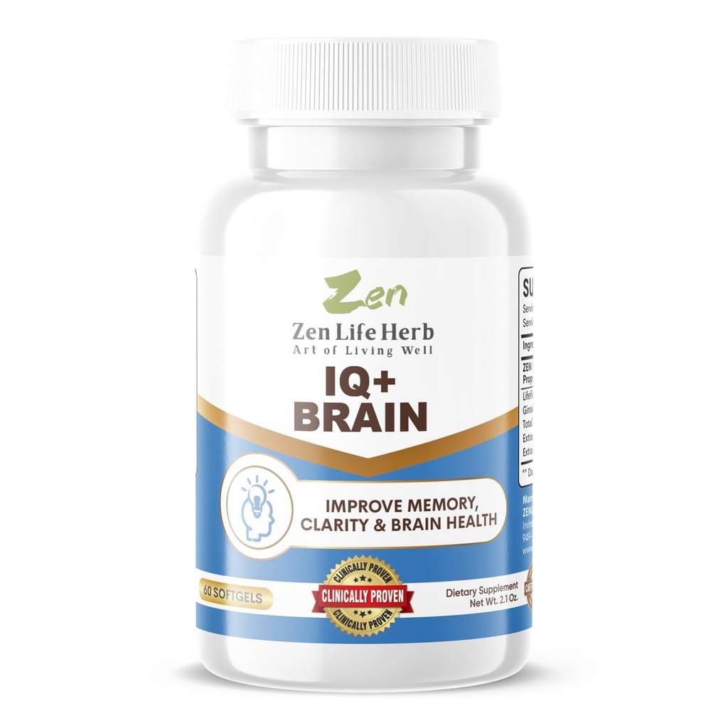 ZEN LIFE HERB IQ+ Beyin - Caffeine-Free, Klinik olarak Focus, Concentration, Memory & Energy, Natural Plant-Based Herbal Supplement, No included Vitamins/Minerals/Mushroom/Sugar (60 Softgels)
