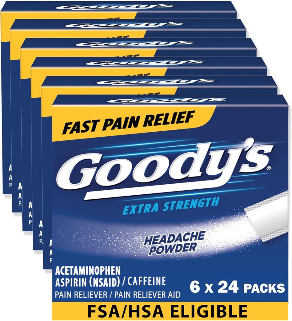 Goody's Headache Toz Ekstra Güç Ağrısı Yardımı, Triple Action Headache Relief with aspirin, Acetaminophen & Caffeine, 24 Kont, 6 Sayı