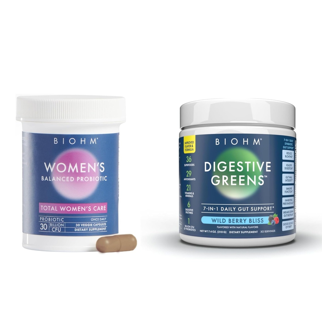 BIOHM Women's Probiyotiks 30B CFU & Super Greens/Kids Berry Blast Sche: Gut & General Health Support, 9 Strains, 30-Day Supply, Rich in Antioksis