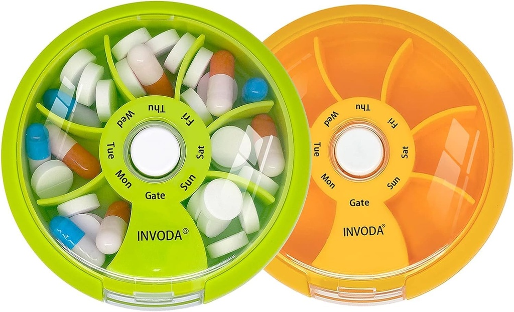 Pill Organizer Small Pill Case 7 Day Portable Travel Pill Box Cute Daily Pill Konteyner for Medicine Fish Oil Supplements Vitamin Case (Green+Orange)