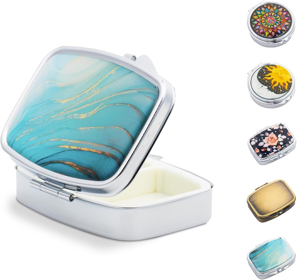 Purse için küçük Pill Box, Portable Pill Organizer for Medicine Fish Oils Vitamins, Metal Cute Travel Purse Pocket Pill Case Konteyner Sahibi (Rectcut Mermer)