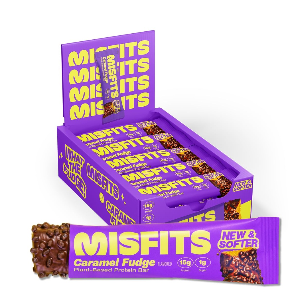 Misfits Vegan Protein Bars, Caramel Fudge - Güncelleme Recipe | Plantive, Low Sugar & Carb, High Fiber Snacks | Pack of 15