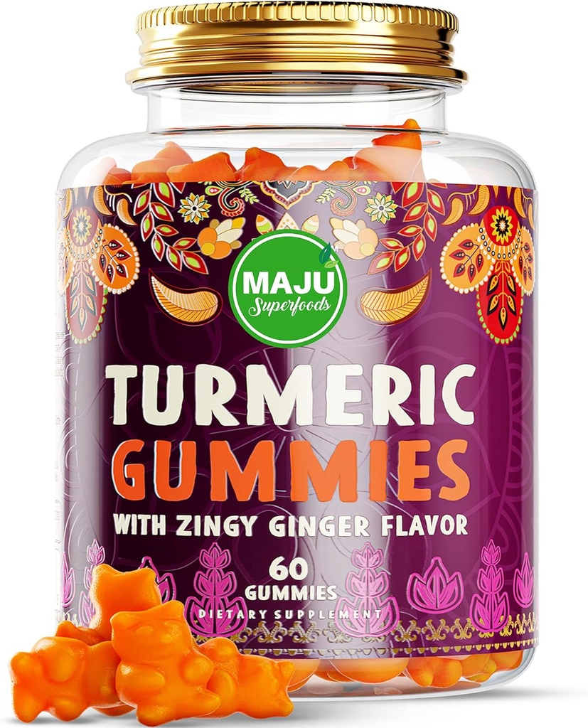 Maju Superfoods Turmeric Curcumin Gummies 60ct, Zingy Ginger Taste, Black Pepper Extract for Advancedd Abors and Potency, Turmeric Gummies for Yetişkinler and Kids Kids Kids