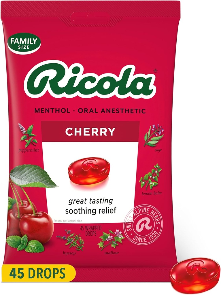 Ricola Cherry Throat Drops, 45 Count, Daily Drops For Delicious Throat Renoment, Oral Anesthetic, Doğal Flavored