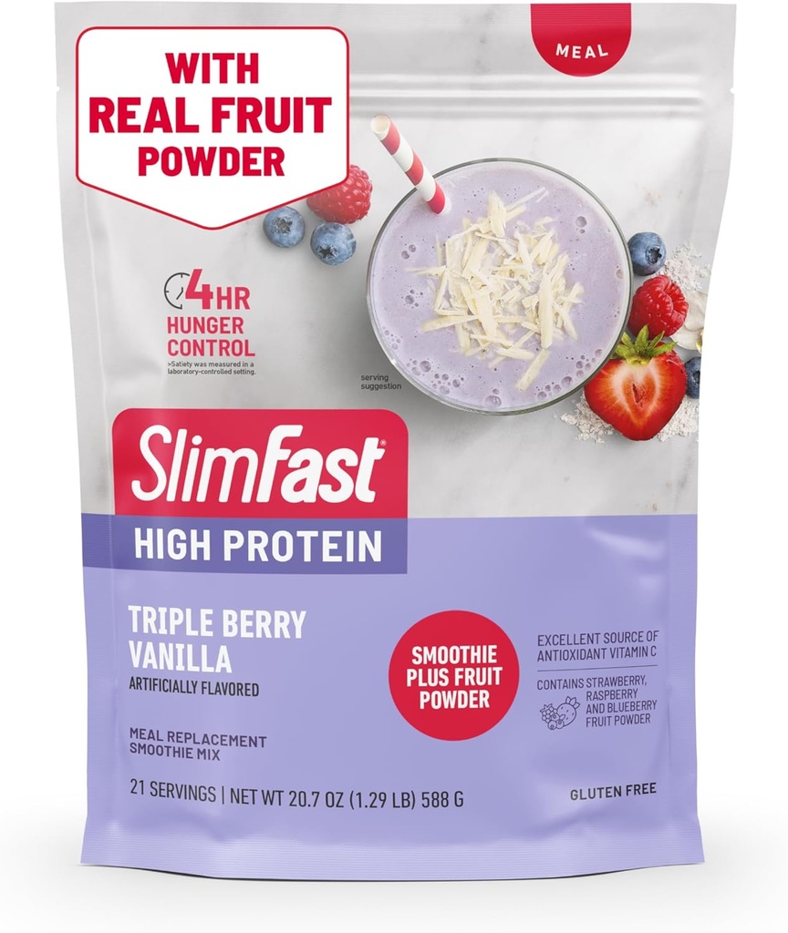 SlimFast High protein Smoothie Mix Plus Fruit Toz, Yüksek Protein Meal Yenileme Toz, Fiber, C vitamini, 21 Hizmet, 1.29 Pounds, Triple Berry Vanilla (Pazar Mayıs Vary)