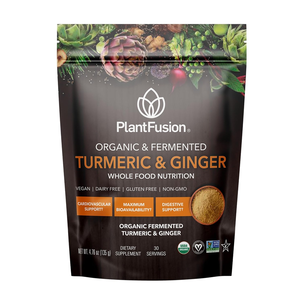 PlantFusion Turmeric and Ginger Drink Mix - Fermented Whole Food Nutrition, Herbal Supplement Toz with Curcuminoids - USDA sertifikalı Organik, Non-GMO, Vegan, Gluten-Free, 4.76 oz 30 Hizmetler