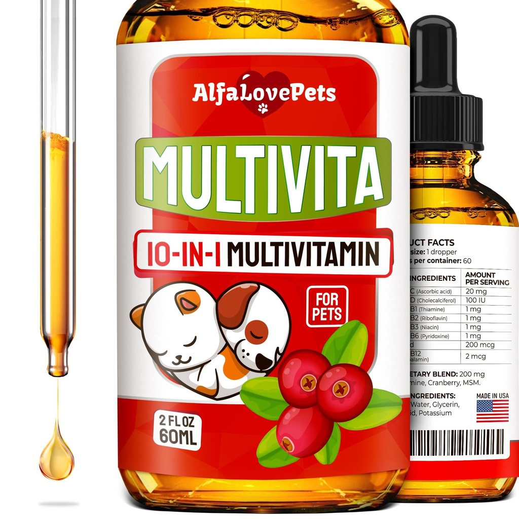 Köpekler için çok fazlavitamin - Kapalı Kediler Için Çokvitaminler - 10in-1 Sıvı Köpek Vitaminleri B Kompleksi, C, D3 – Digestion, Urination, Hip & Ortak, Skin & Coat – Cranberry Flavor – 2 Oz