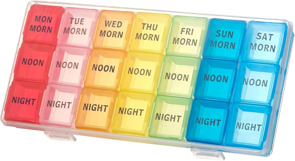 kiniza Small Weekly Pill Organizer, 3 Times a Day Travel Box with Open Designrectments Moisture-Proof Portable Case for Supplements, Vitamin, Drugs, Drugs
