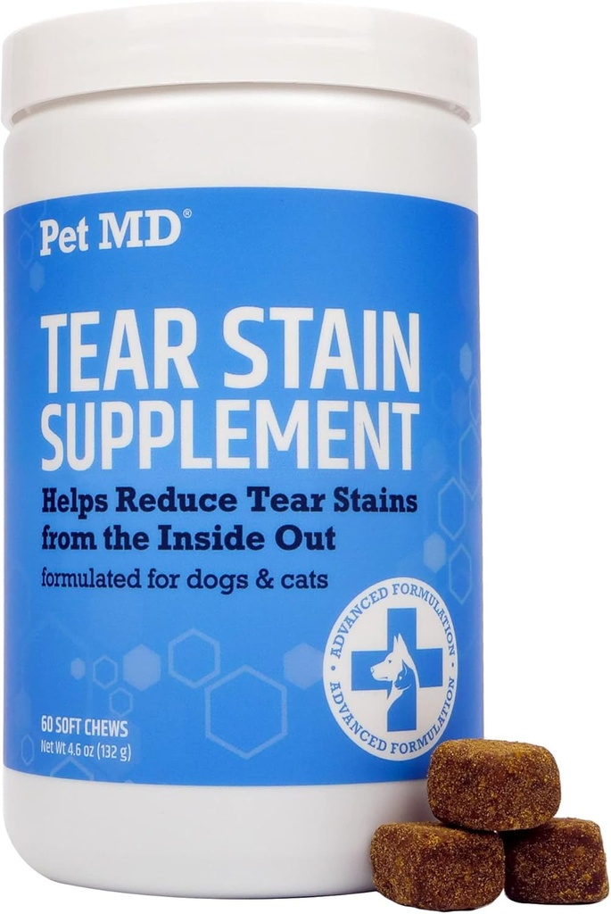 Pet MD Tear Stain Remover for Dogs & Cats - Antioxidant Eye Care Supplement with Lutein, Cranberry, & Omega 3 & 6 - Cat & Dog Tear Stain Remover Chews for White & Light Fur - 60 ct