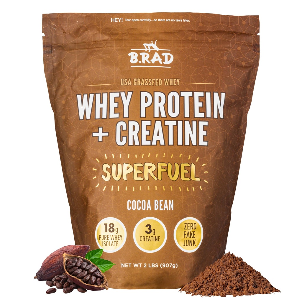 B.rad Superfuel - Grass Fed Whey proteini | Farm-Fresh, Easy-to-Digest, Clean Materialss | 2 Pounds | 100% USA Sourced | Cocoa Bean (Chocolate)