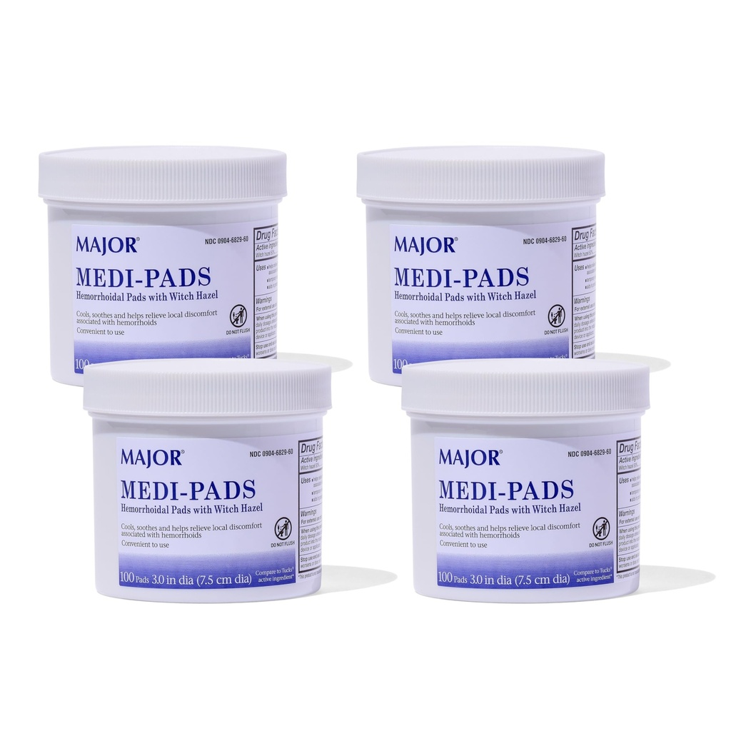 MAJOR Medi-Pads - Hemorrhoidal Hygienic Cleansing Witch Hazel Pads - Soğutma Relief with Aloe - 100 Count Jar (4 Pack)