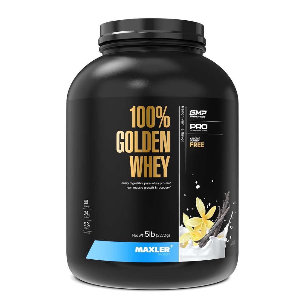 Maxler% 100 Golden Whey proteini - Servis başına protein 24g - Pre Post Workout için Premium Whey Protein Tozu - Hızlı Nisorbing Whey Mekaniklü Hidrolysate - Fransız Vanilla Protein 5lb