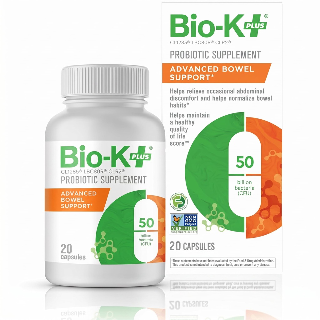 Bio-K+ Gelişmiş Bowel Support Probiyotik – 50 Milyar CFU – Vegan, Gluten-Free, Non-GMO – Destekler Digestive Health & Regularity – for Men & Women – 20 Capsules