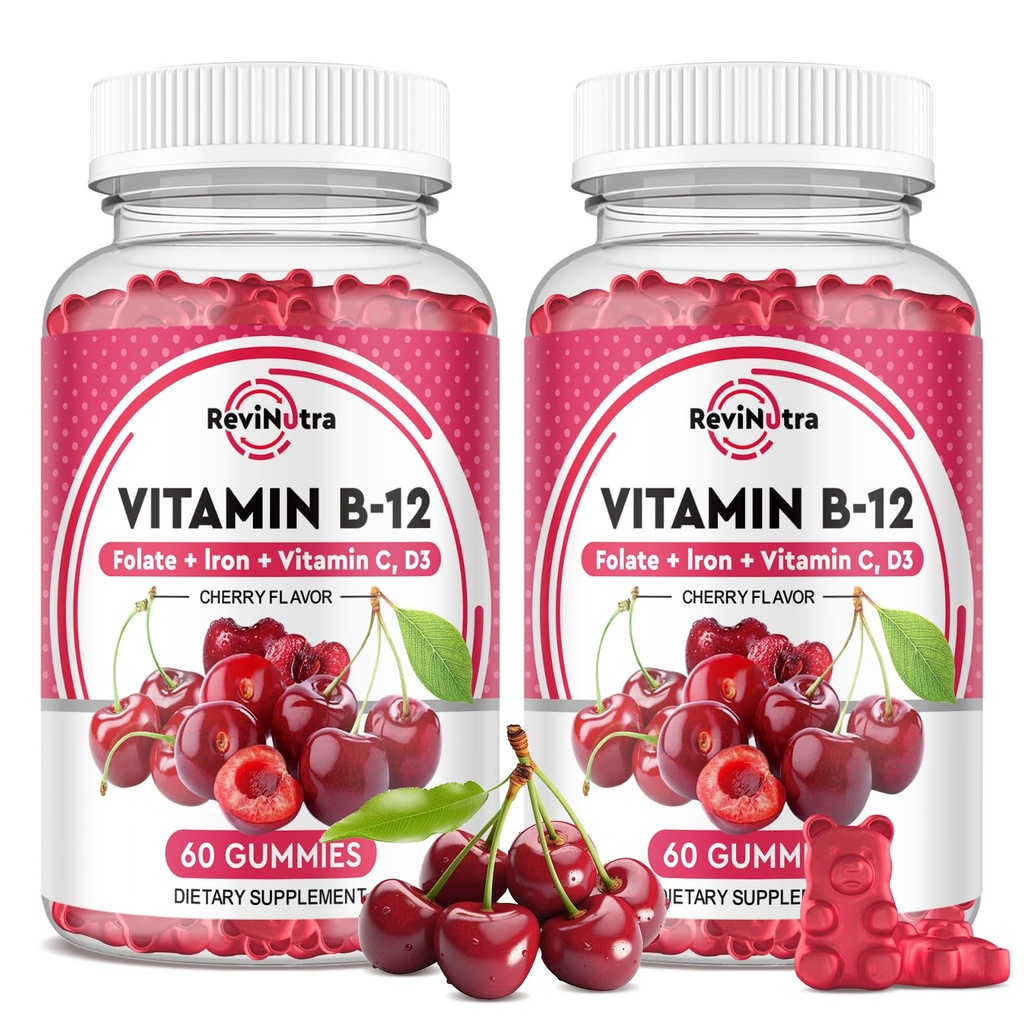 B12 Vitamin Gummies - 5000 mcg Torchcobalamin ile Demir, C, D3 & Folate, Enerji Desteği ve Metabolism, Immune, B-12 Kompleksi Erkekler ve Kadınlar için Tamamlanabilir Tamam, 120 Kont, 2 Pack