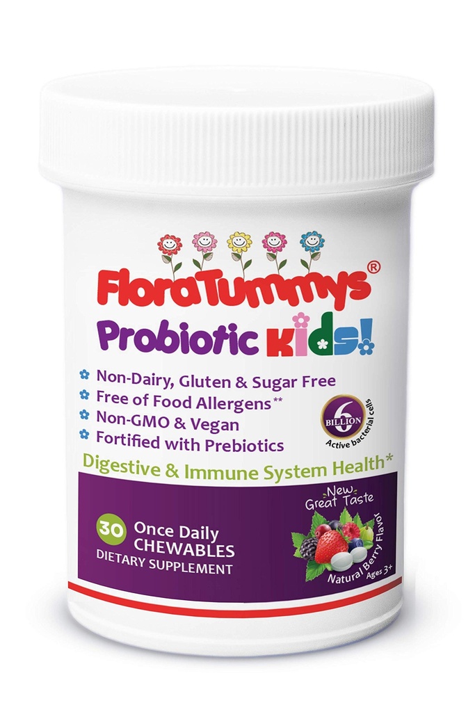 FloraTummys Kids Chewable Probiyotik Prebiyotiks: Non-Dairy, Gluten & Sugar-Free, Peanut & Soy Free, Non-GMO, Tested & Free of Food Allergens, Vegan, Kosher, Berry Flavor(1 Şişe)
