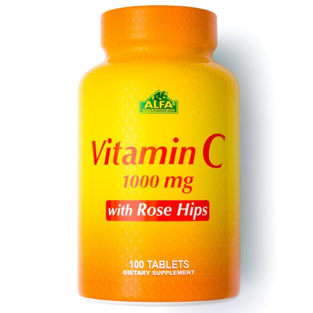 ALFA VITAMINS Vitamin C, Rose HIPS ile hizmet başına 1000 mg C vitamini - Antioksi ve Immune Support + Supports Health Skin & Commons - Non GMO, Vegan, Gluten Free, Dairy Free - 100 Tabletler