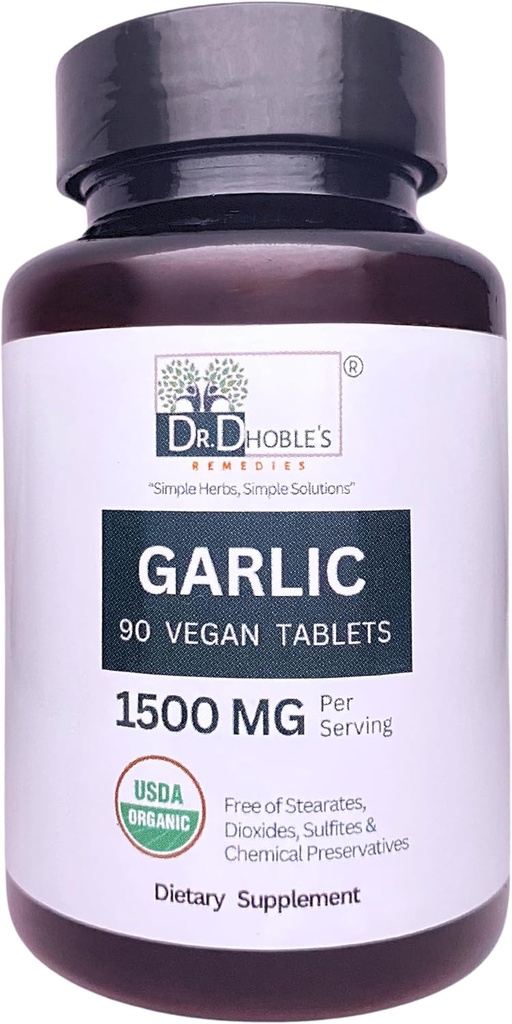USDA Organic Garlic Tablets Made Naturally with Natural Herbs, No Additives, 1500 Mg/Serving, Non-GMO, Gluten-Free 90 Vegan Pills for Men & Women