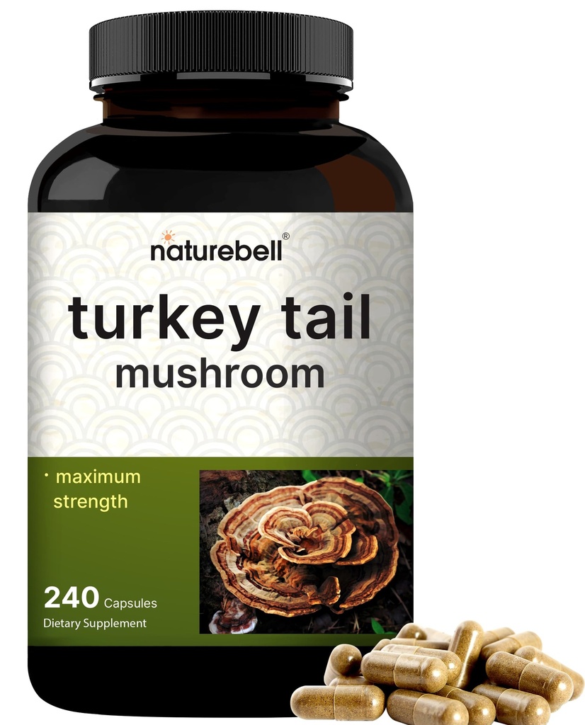 NatureBell Turkey Tail Mushroom Capsules 15,000mg Per Servis, 240 Kont | 25:1 Meyve Vücut ve Mycelium Ekstraksiyonu - Immune & Brain Health Mushrooms Supplement.