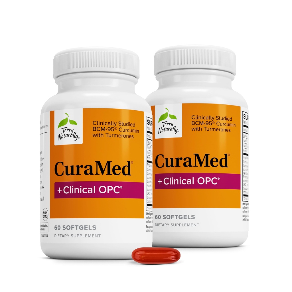 Terry Natural CuraMed + Klinik OPC - Curcumin Supplement with French Grape Tohumksiyon - Beyin, Prostate & Liver Health Support - Supplement with Ar-Turmerone - 60 Softgels (2 Pack)