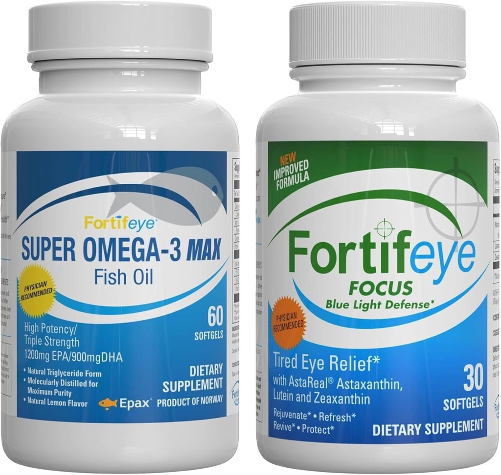 Fortifeye Blue Light and Heart Health Support Sche | Super Omega-3 Max Fish Oil, 60 Softgels ve Focus Blue Light Defense, 30 Softgels
