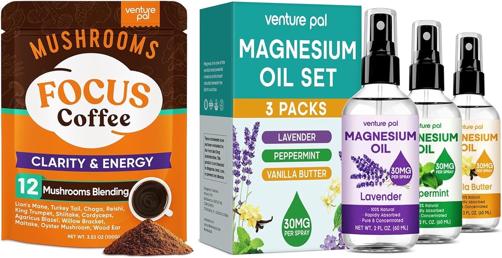 Venture Pal Mushroom Coffee & Magnezyum Oil Mix: Q in 1 Coffee with Ashwagandha for Focus & Immunity + 3 Packs Pure Magnezyum Spray for Relaxation, Sleep & Muscle Relief - 40 Servisler