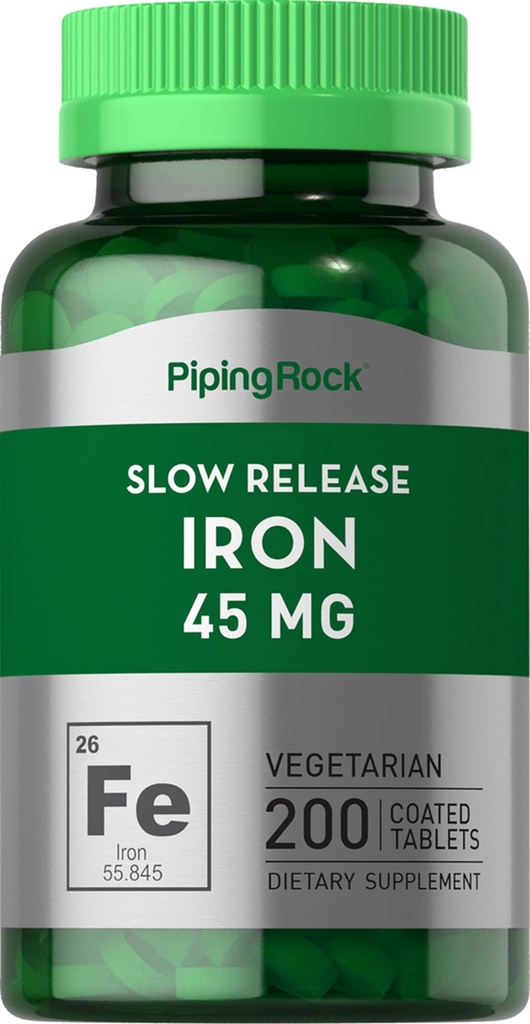 Piping Rock Iron Supplement 45 mg | 200 Tablet | Kadınlar ve Erkekler için | Yavaş Yayın Ferrous Sulfate | Vegetarian, Non-GMO & Gluten Free