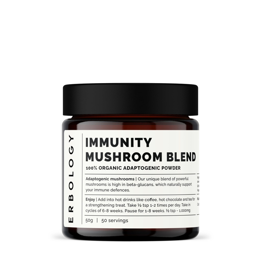 Erbology Organic Immunity Mushroom Kompleksi 50 Hizmet - Beta-glucanlarda Yüksek - Reishi, Cordyceps, Lion's Mane, Türkiye Tail - Sustainably Grown in Europe - Vegan - Non-GMO - Nodrew Fillers