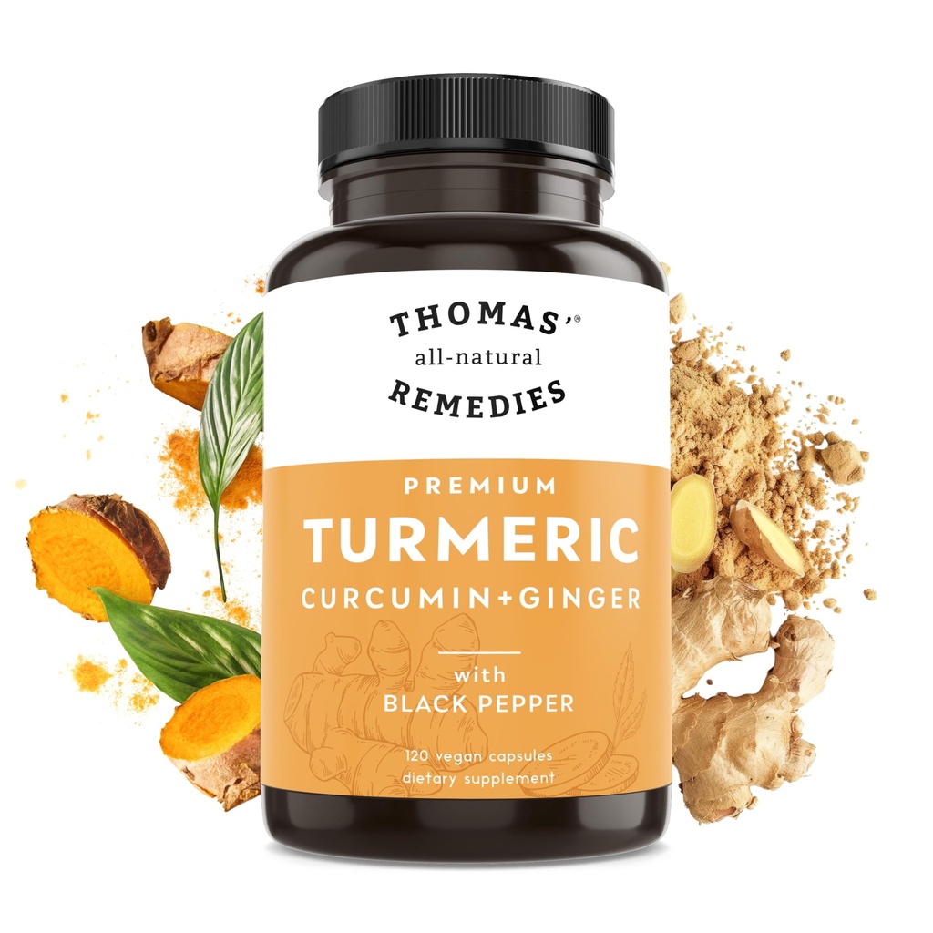 Thomas'ın tüm doğal Remedies Turmeric Curcumin ve Ginger ile Black Pepper, Organik Turmeric Ortak Destek Tamam% 95 Curcumin - NO dolum, Vegan - 120ct