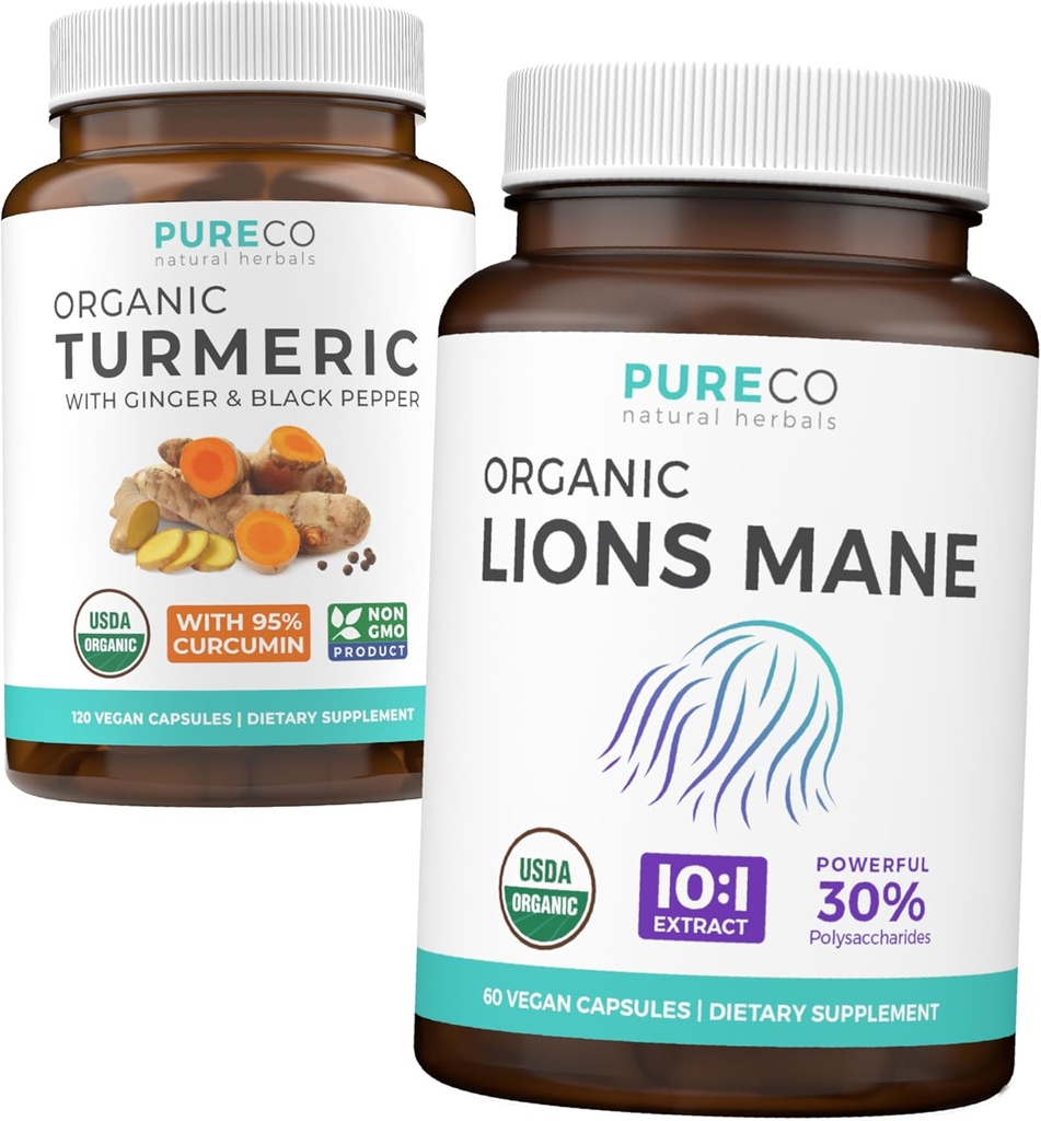 Turmeric & Lions Mane (1-Month Supply) Mindful Turmeric Sche of Organic Turmeric Curcumin with Black Pepper & Ginger (120 Caps) & Organik Lions Mane Mushroom 10:1 Ekstraksiyon (60 Caps)