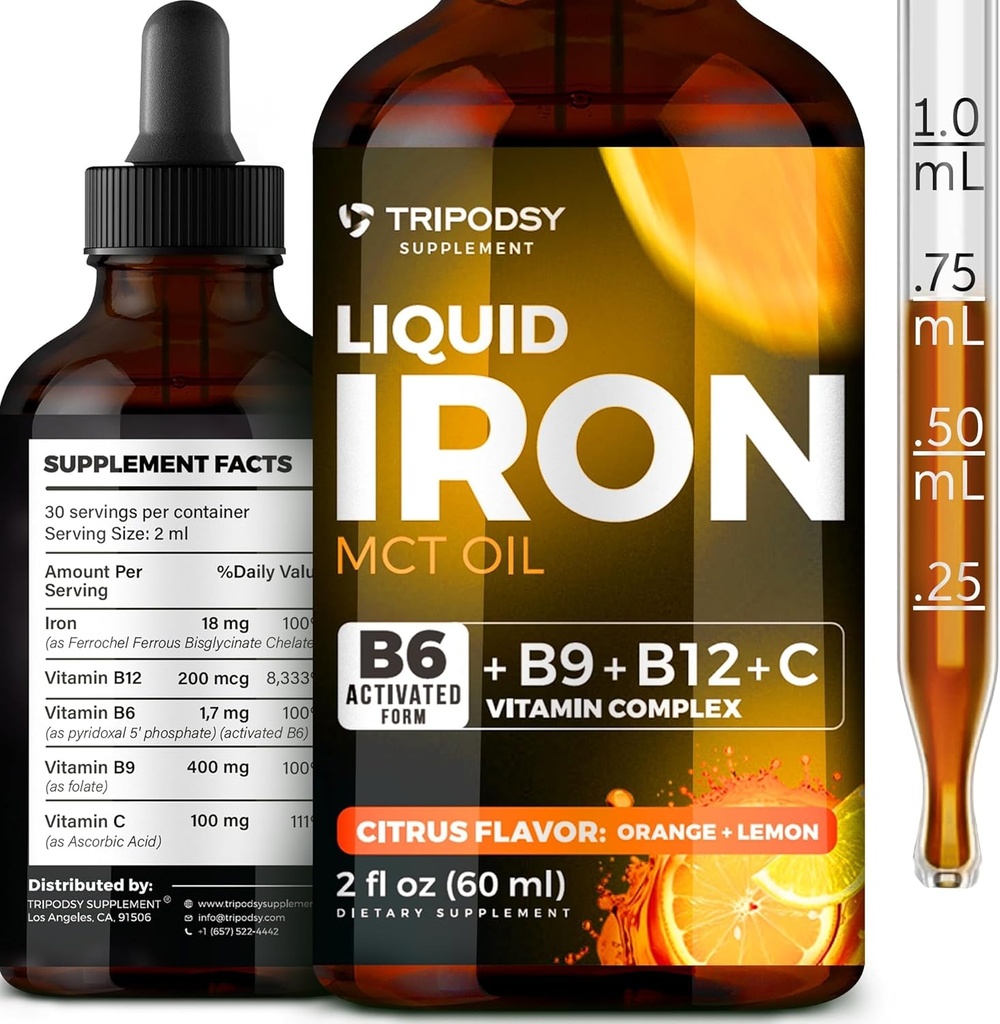 Kadınlar ve Erkekler için Sıvı Demir Tamam - B6, B9, B12, Aemi için C vitamini, Blood Builder, Red Blood Hücre için Folate ve Immune Support MCT Oil (2 FL OZ, Cirtruc)