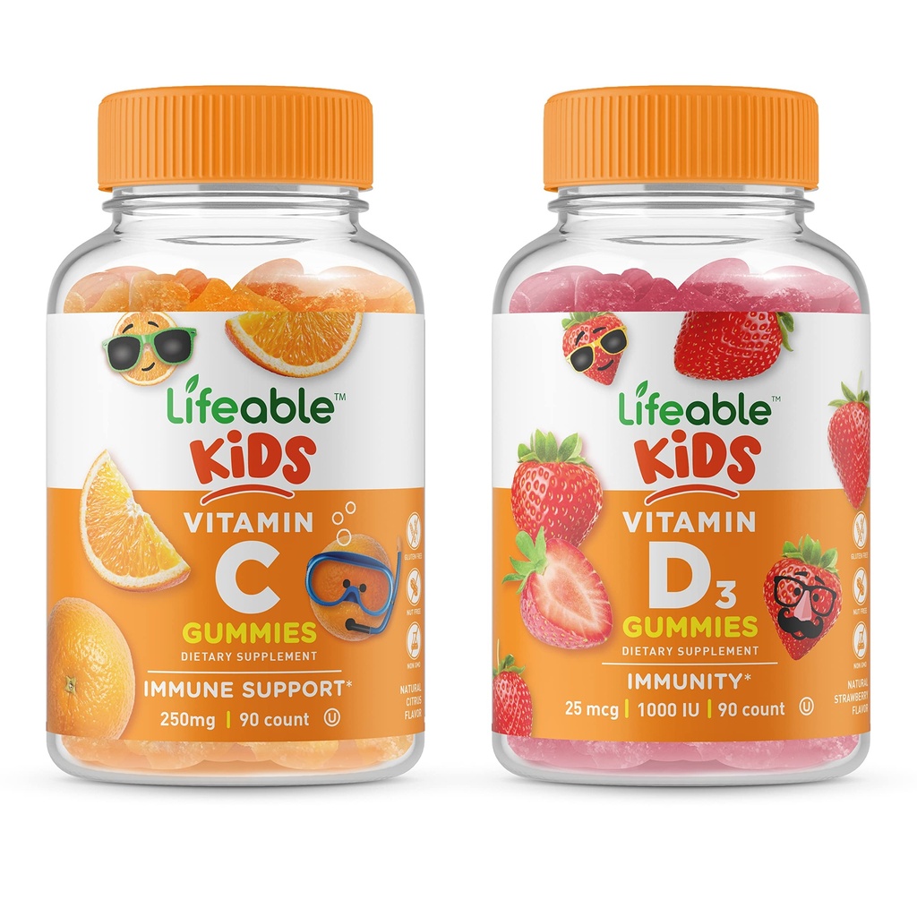 Lifeable Vitamin D Kids + Vitamin C Kids, Gummies Sche - Great Tasting, Vitamin Supplement, Gluten Free, GMO Free, Chewable Gummy Gummy