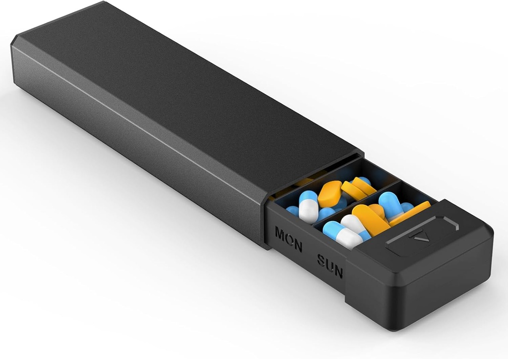 Bir Hafta Kapasitesi için alüminyum Shell ile Pill Organizer, Portre 7 Karşılaştırma Pill Box Konteyneri Vitamin, Tıp, Supplements