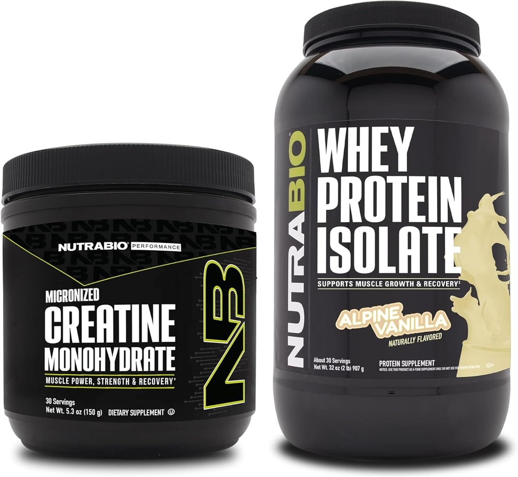 NutraBio Kretine Monohidrat, Unflavored, 150g ve Whey Protein Isolate, Alp Vanilla, Supplement Sche - Muscle Energy, Lean Muscle growth, Recovery, and Strength