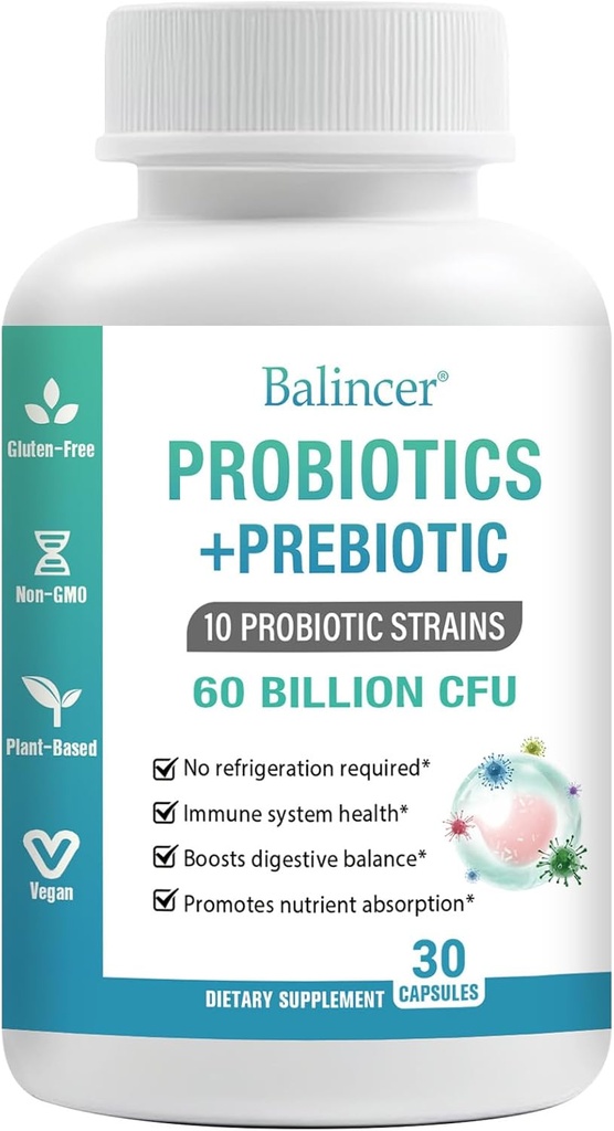 Probiyotikler ve Kadınlar ve Erkekler için organik prebiyotikler, 60 Milyar CFUs 10 Strains, Support Digestive & Gut Health, Gas & Bloating, 30 Capsules