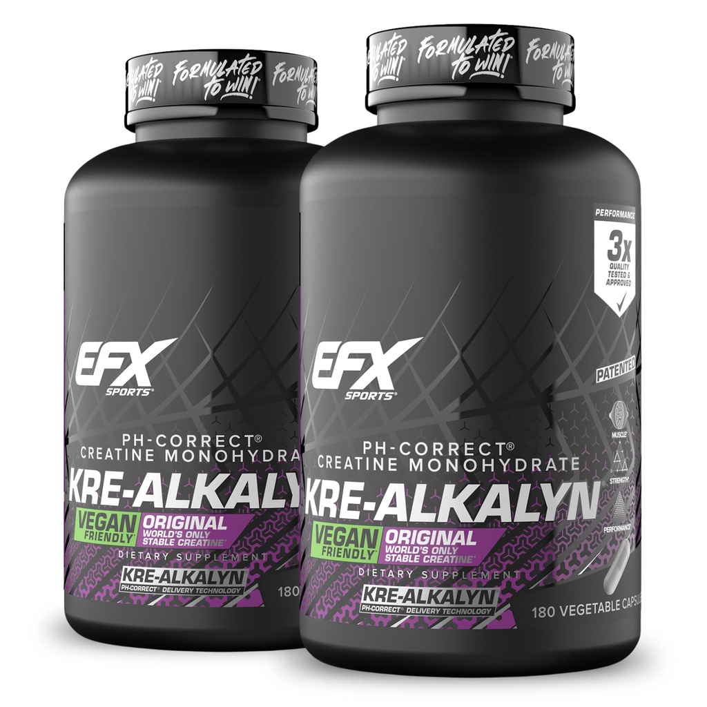 EFX Sports Kre-Alkalyn EFX | pH Doğru Kreatine Monohidrat Pill Supplement | Vegan Dostu | Güçlü & Kas Büyüme | 90 Hizmet, 180 Veggie Capsules (Pack of 2)