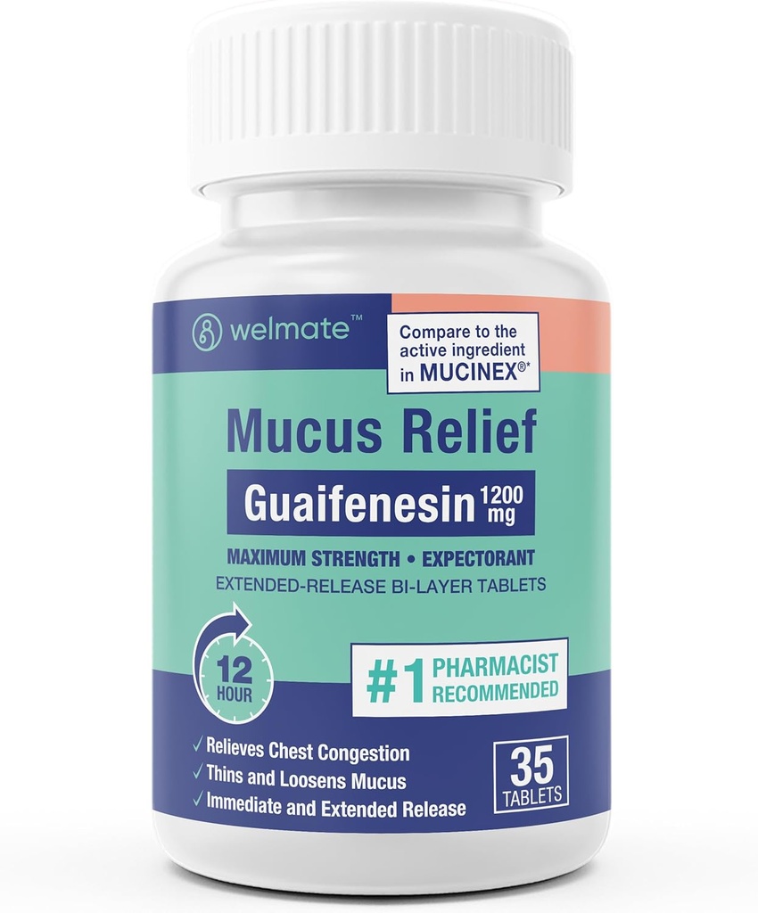 WELMATE - Guaifenesin 1200 mg (35 Tablet) - Mucus Relief - Waitorant - Cough & Cold - 12 Hr Support - Extended-Release Bi-Layer Tabletleri - Over-Counter Drug