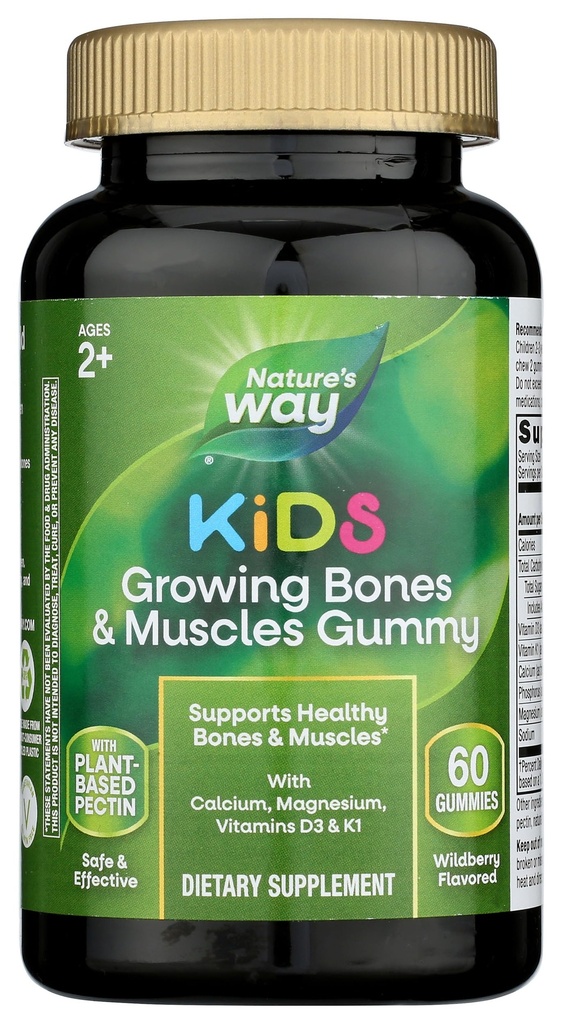Nature's Way Kids Bones & Muscles Gummies, Sağlıklı Kemikler ve Kaslar*, Kalsiyum, Magnezyum, Vitaminler D3 & K1, 2+, Wildberry Flavored, 60 Gummies (Pazar Mayıs Vary)
