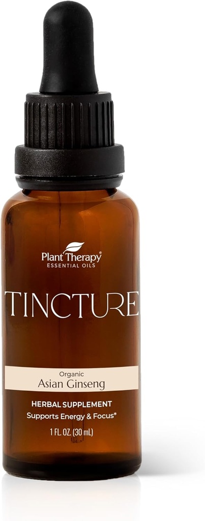 Plant Therapy Organic Asian Ginseng Root Herbal Supplement Tincture 30 mL (1 oz) Enerji için Büyük, Encourages mental Focus, Vegan, GMO, Gluten Free, Liquid, 1 Şişe