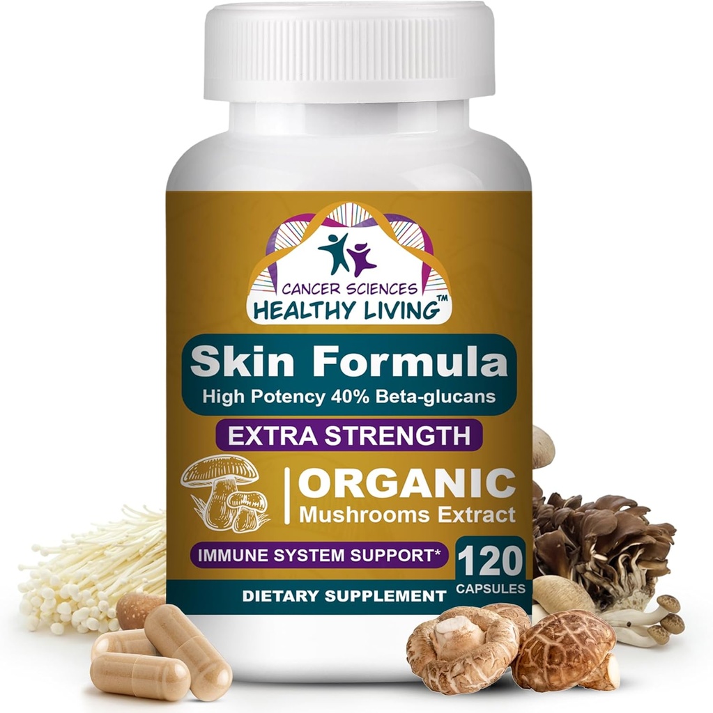 Kanser Bilimleri Skin Wellness Tamam, USDA sertifikalı Organik Türlü Mushrooms Supplement, Ekstra Güçlü 1.500 mg, Yüksek Potency% 40 Beta-Glucans, Immune Support, Glowing Kompleksi, 120 Capsules