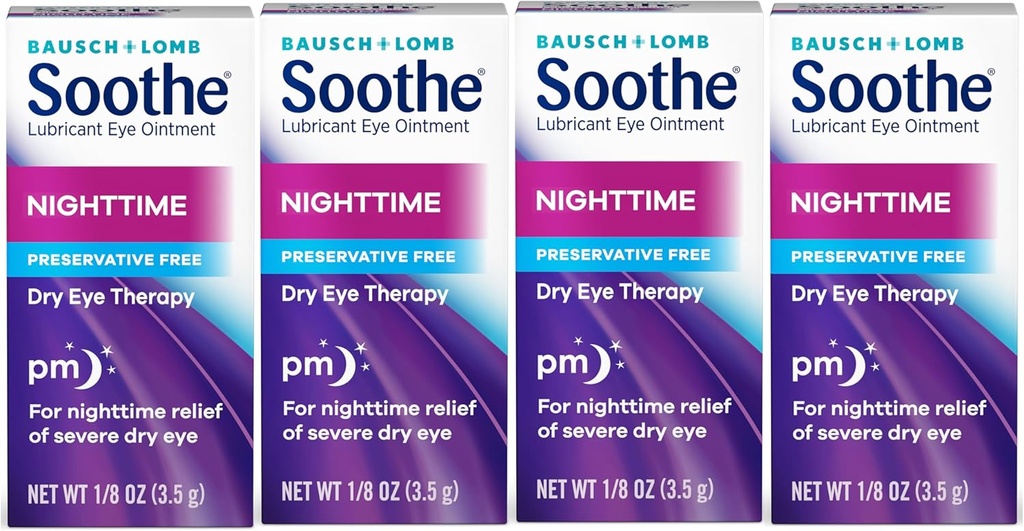 Soothe Eye Ointment by Bausch & Lomb, Lubricant Relief for Kuru Eyes, Moisturing & Comforting Nighttime Kuru Eye Therapy, Hassas Gözler için uygun, Preservative Free, 3.5 g - 4 Pack