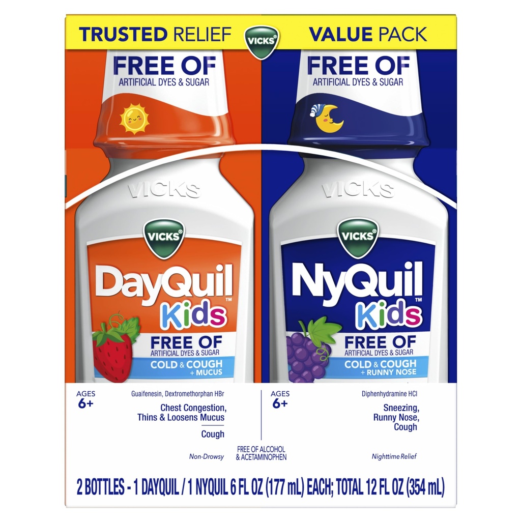 Vicks Kids DayQuil & NyQuil Cold & Cough Relief Liquid Co-Pack, Free of Yapay Dyes & Sugar, Multi-Symptom Relief of Cough, Sneezing, Runny Nose, Mucus, and Chest Congestion, for Ages 6+, 2x6oz