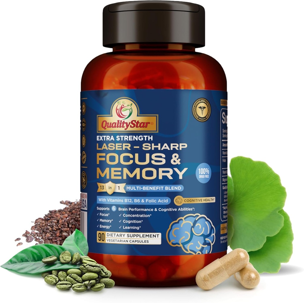Focus and Memory Vitamins, 13-in1 Bilişsel ve Beyin Sağlığı için Çok İyilik Ölçeği, Beyin için Bellek Tamamı, 90 Vejetaryen Capsules