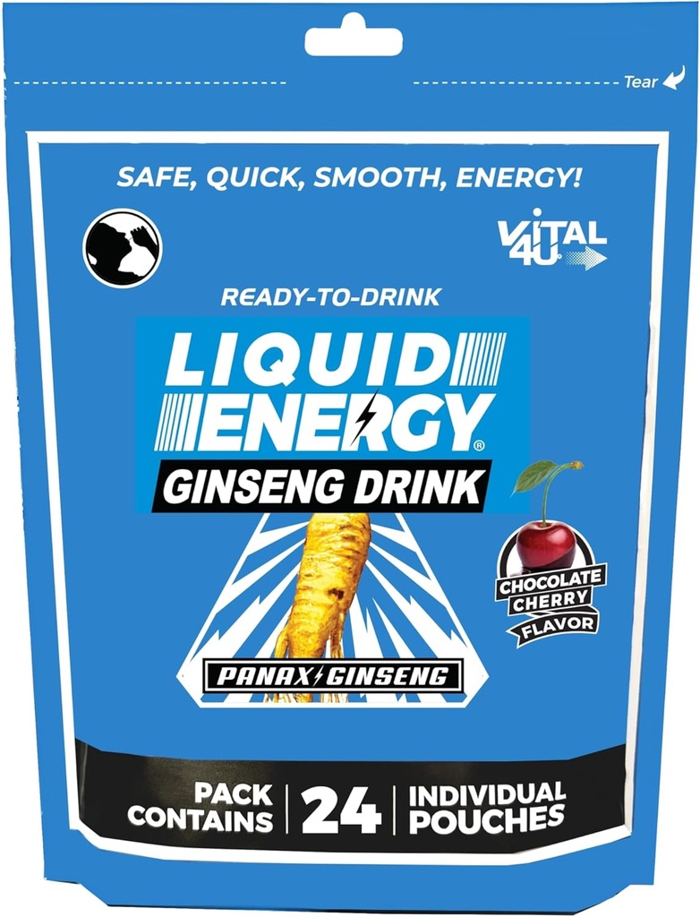 VITAL 4U® Sıvı Enerji Shot - Ginseng, Doğal olarak Tatlılanmış, Çikolata Cherry Flavor, 24 ctt